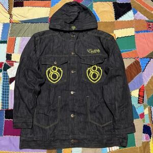 8732 Y2K Embroidered Black Denim Hooded Chore Jacket 2XL